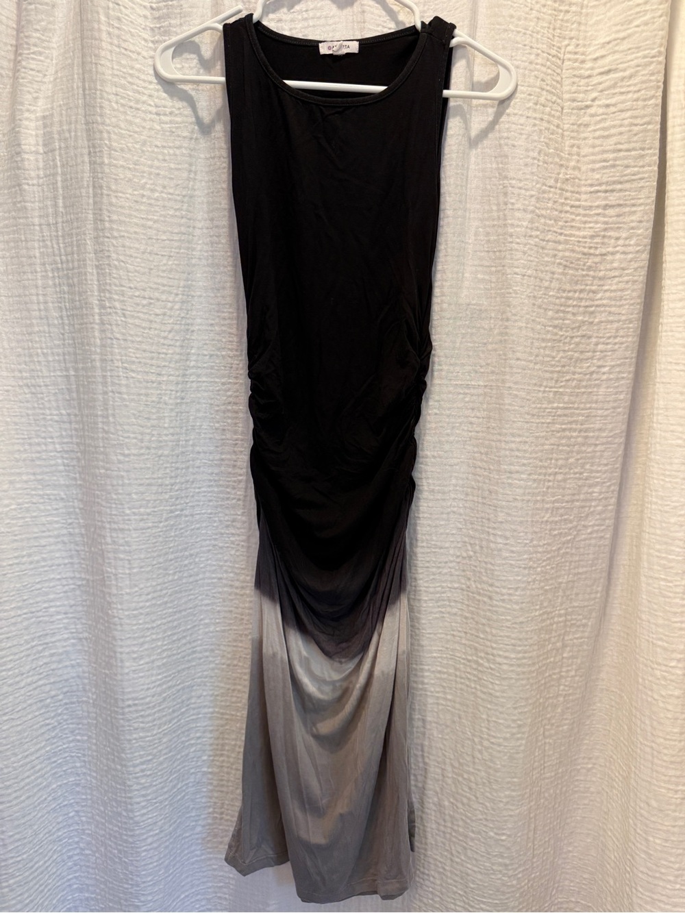 Athleta Ruched Tank Midi Dress Black Grey Ombre Tie Dye